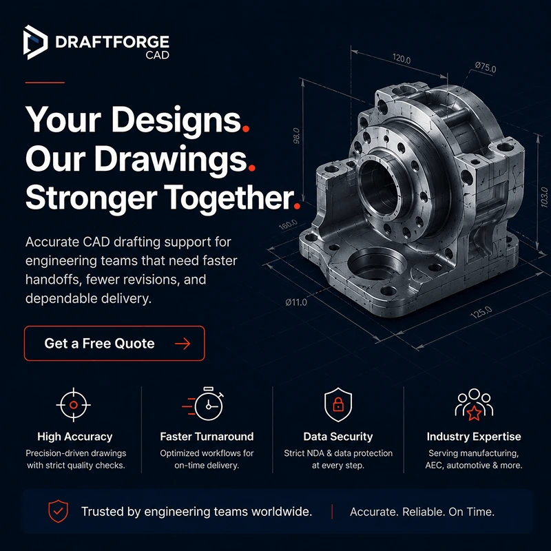 LinkedIn ad for DraftForge CAD: Your Designs. Our Drawings. Stronger Together.