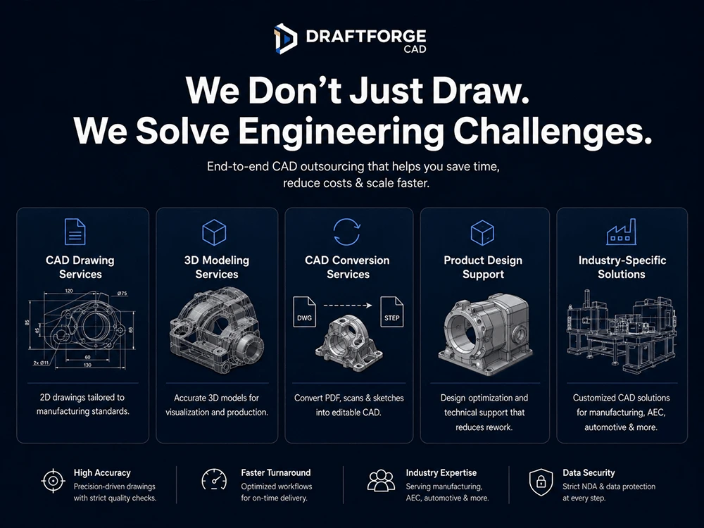 DraftForge CAD service positioning visual showing CAD drawing, 3D modeling, CAD conversion, product design and industry-specific solutions