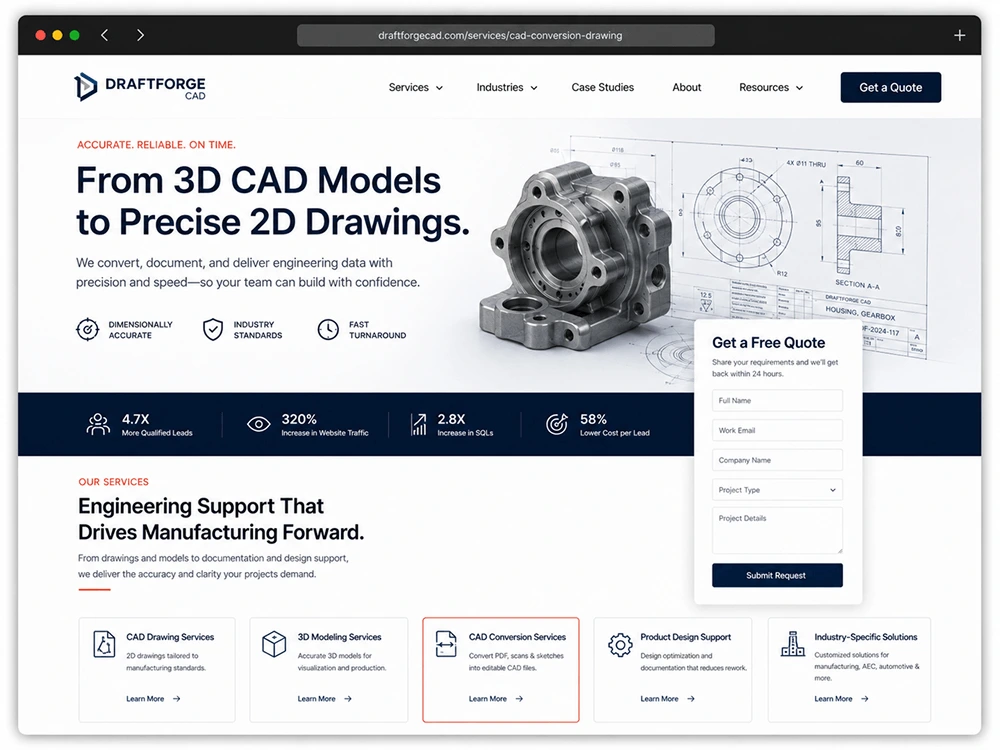 DraftForge CAD website first fold and service page preview
