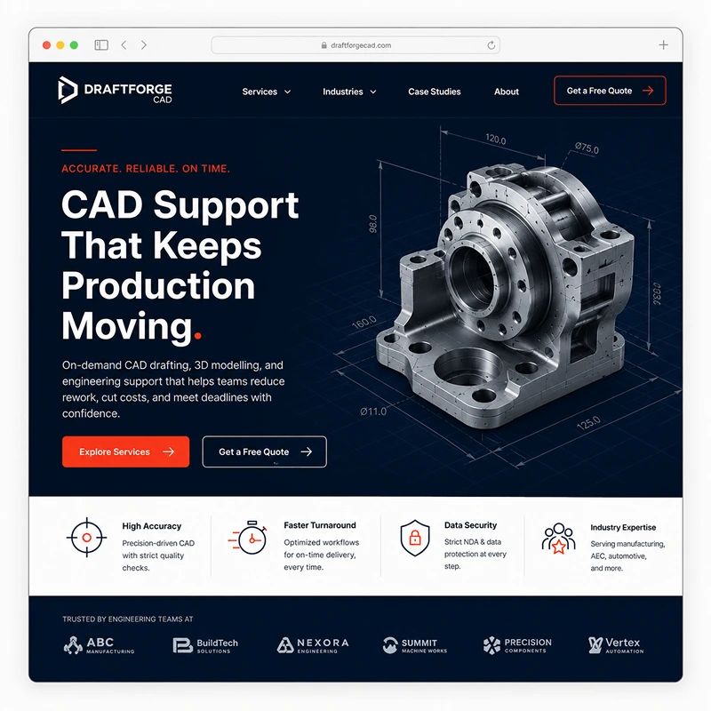 DraftForge CAD homepage mockup and website first fold direction
