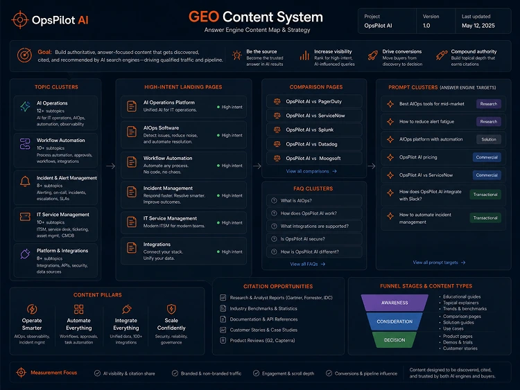 OpsPilot AI GEO content system map — topic clusters, comparisons, and FAQ architecture