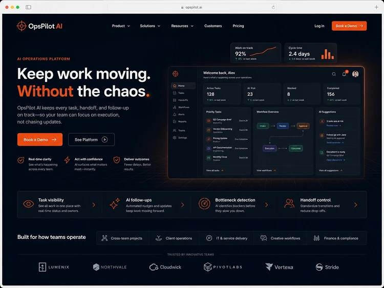 OpsPilot AI SaaS homepage and growth system preview