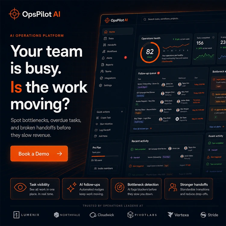 OpsPilot AI LinkedIn ad — handoff control angle for team transitions