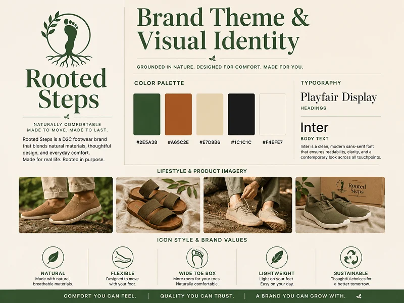 Rooted Steps brand theme and visual identity board — warm D2C footwear palette