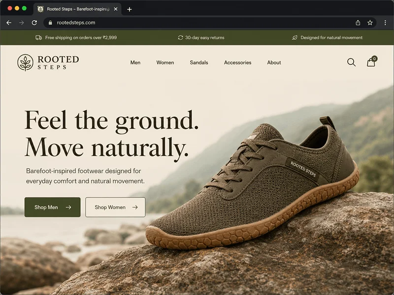 Rooted Steps D2C footwear ecommerce homepage preview