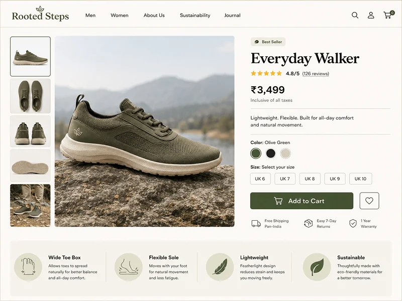 Rooted Steps product detail and buy now page — conversion-focused PDP