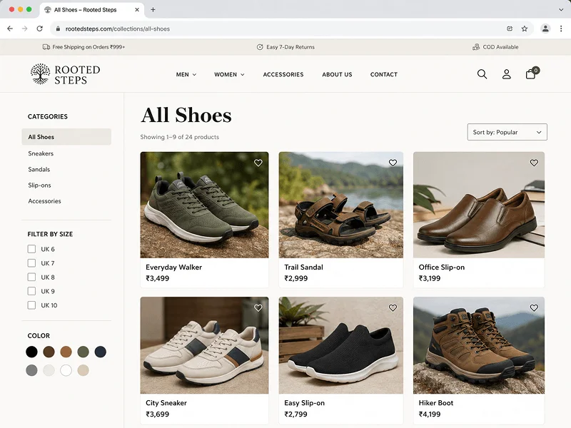 Rooted Steps product listing page — collection browse and discovery