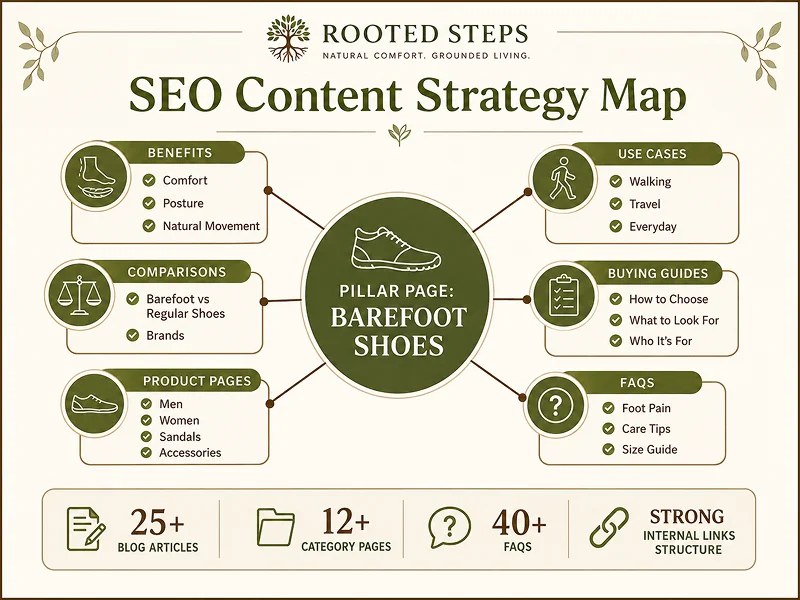 Rooted Steps SEO content plan — category clusters and buying-intent topics