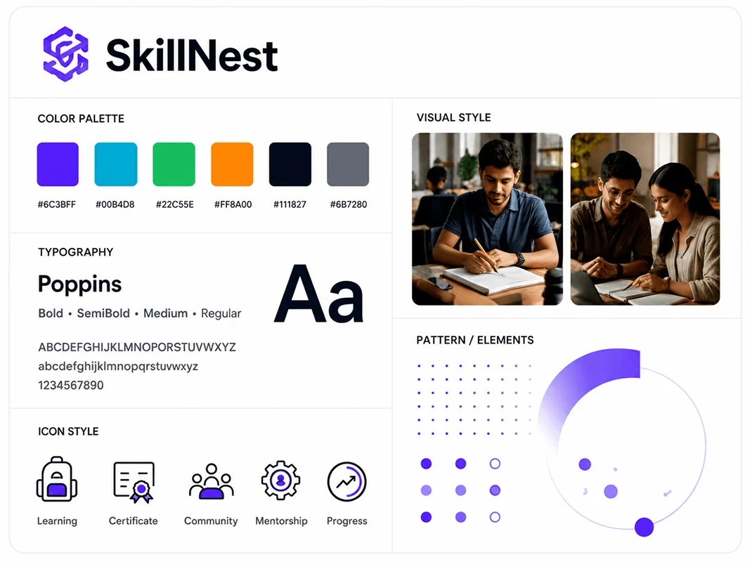 SkillNest brand theme board — education brand visuals and launch positioning
