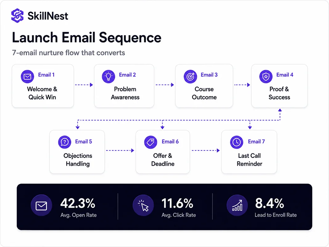 SkillNest seven-email launch nurture sequence — education, proof, objections, and deadline
