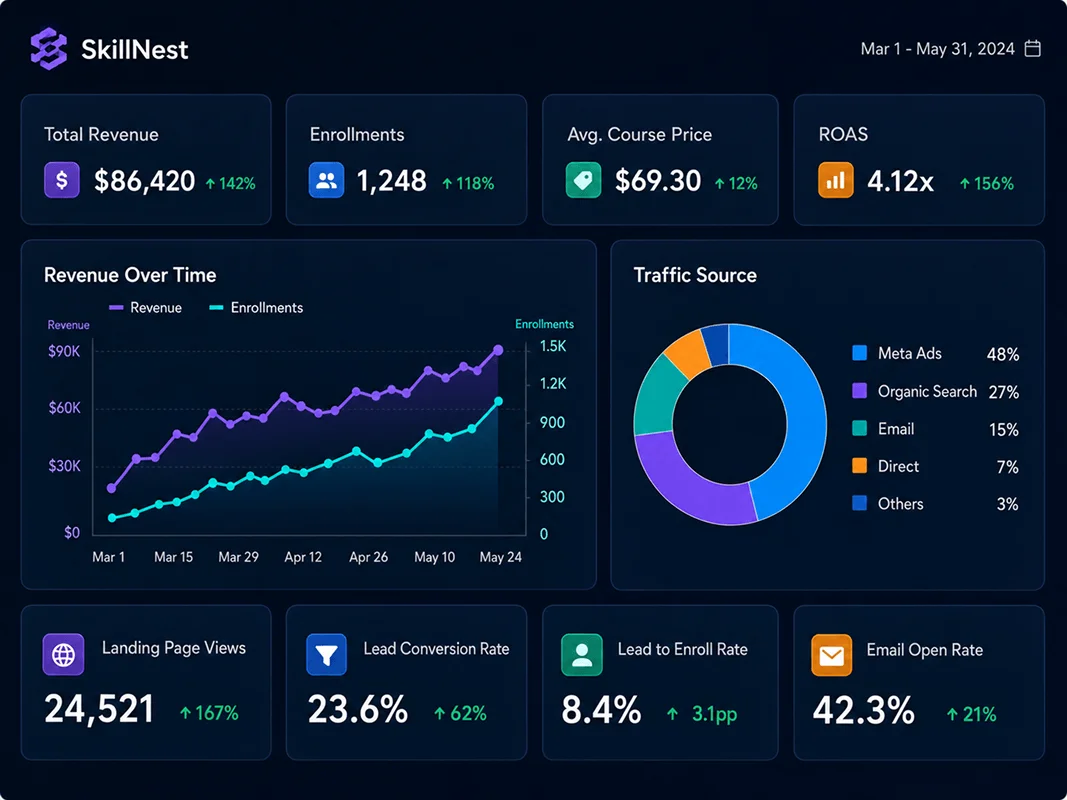 SkillNest performance dashboard — funnel, email, ads, and enrollment metrics